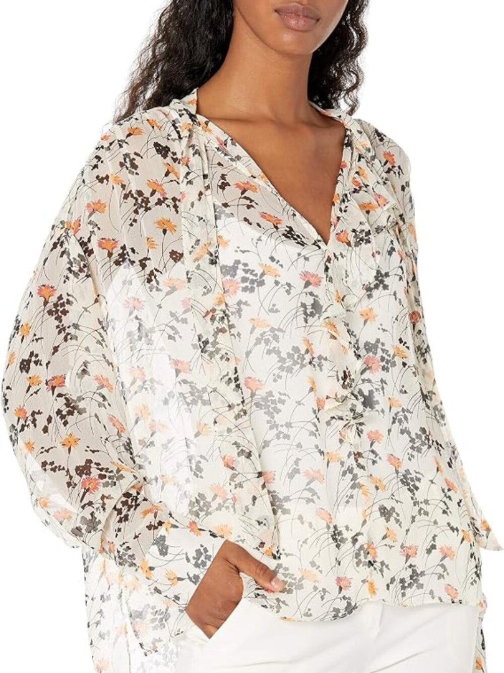 Joie Cream Floral Boho V-Neck Blouse Tie Neck Ruffle Flowy Cottagecore 100% Silk